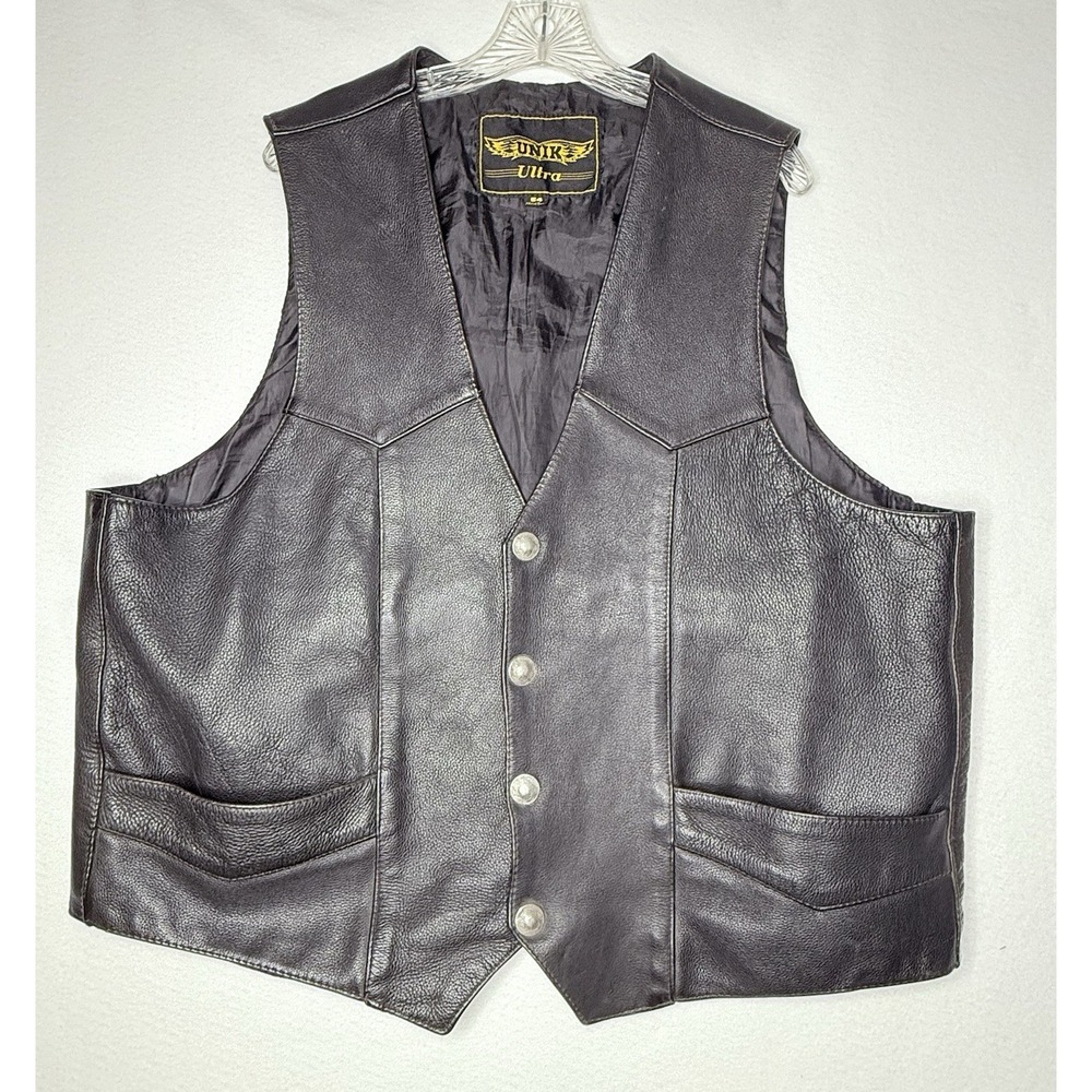 UNIK Ultra Leather Mens Motorcycle Vest Buffalo Nickel Snaps Sz 54 Black Vintage